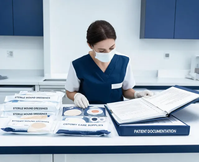 Clinical nurse reviewing wound care consumables